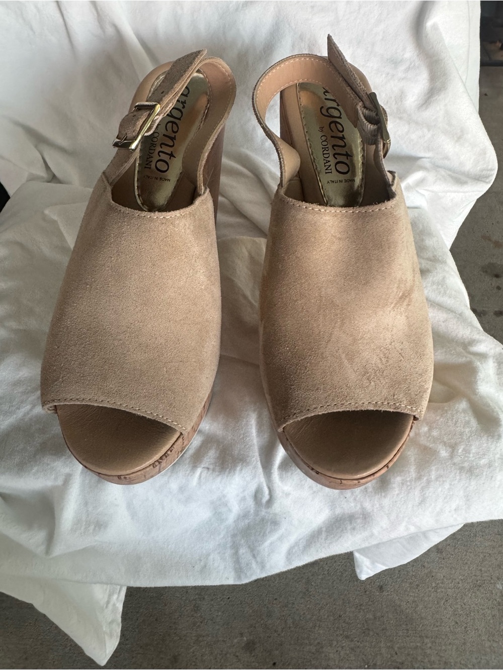 Cordani Beige Suede Peep-Toe Slingback Wedges